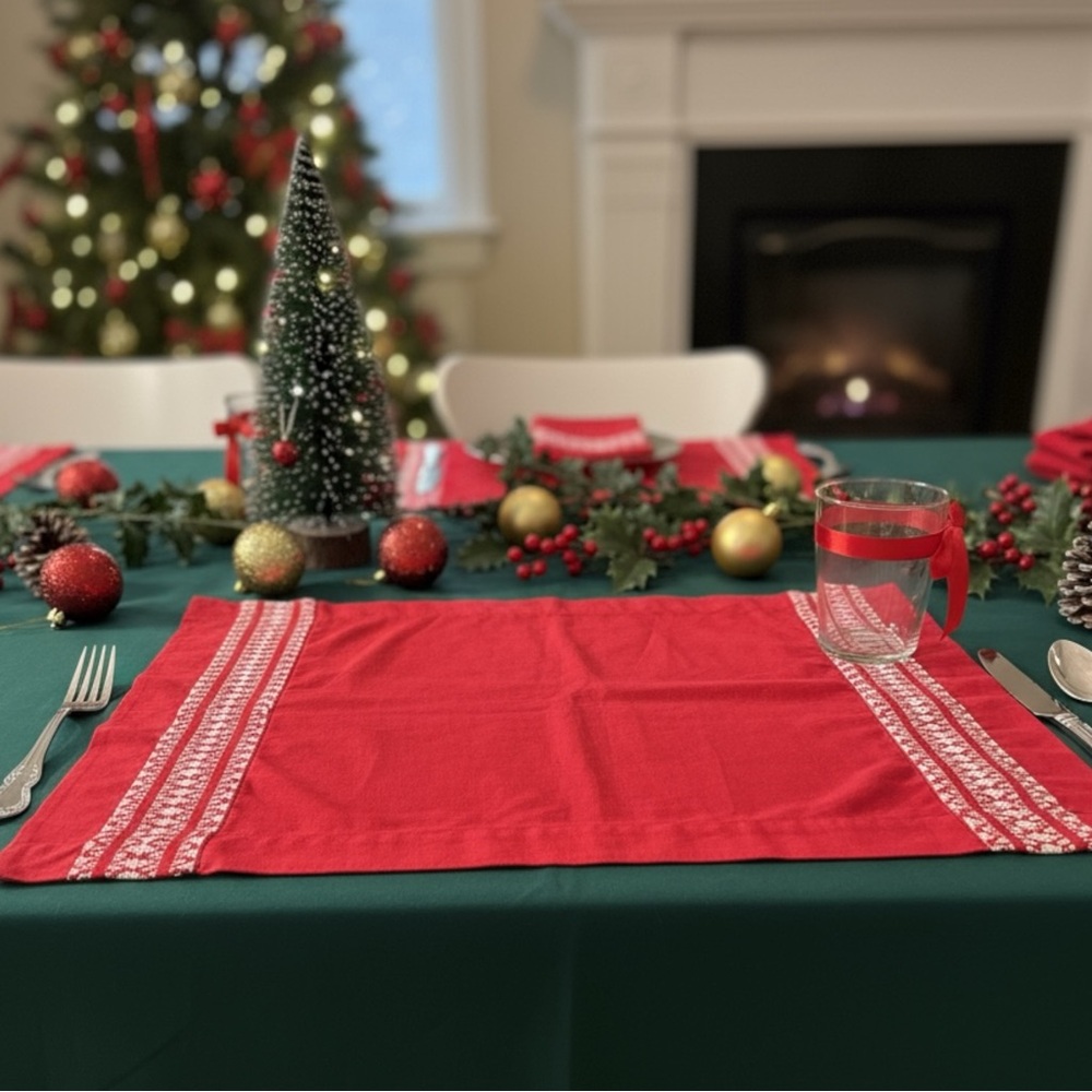 Set of 8 Red Embroidered Placemats 18x14 Holiday Christmas Table Decor Festive - Picture 2 of 7